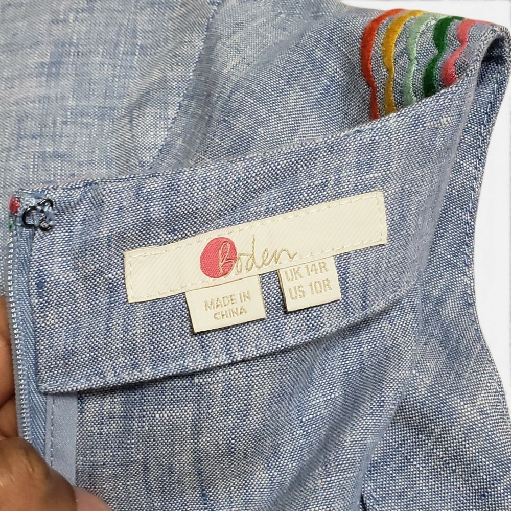 Boden Laura Linen Embroidered Shift Dress Chambray Blue Rainbow Multicolor 10R - Picture 7 of 13